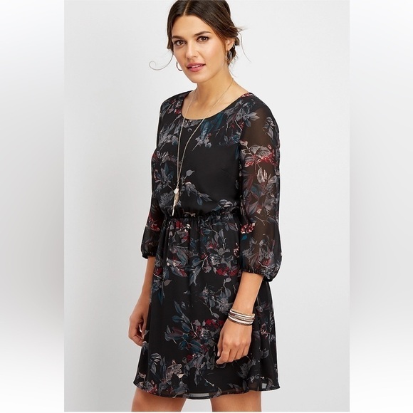 🦋 Maurices Dark Grey Floral Mid Sleeve Mini Dress Wedding Guest Small - Picture 1 of 7